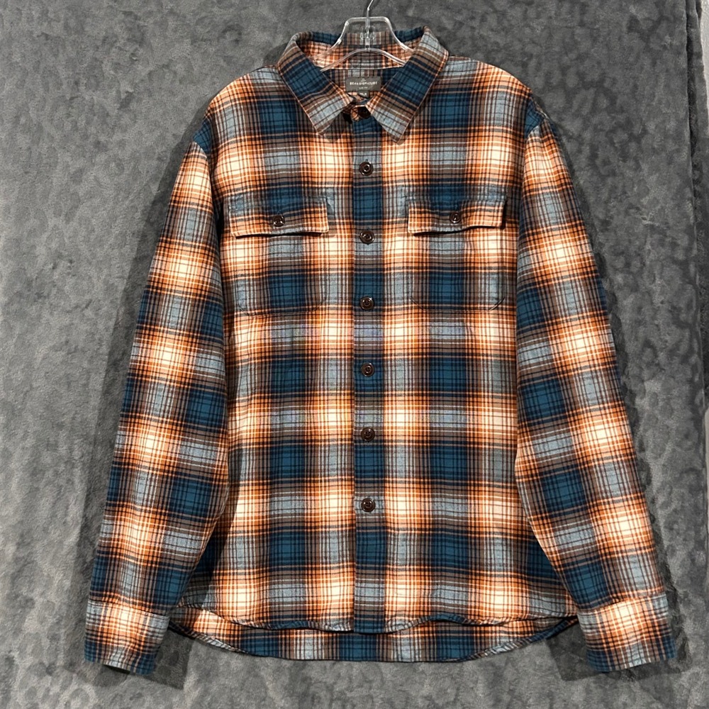 LL Bean Signature Slim Fit Chamois Cloth Shirt XL Orange Blue Plaid Archive